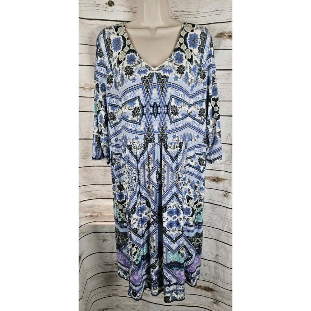 J Jill Blue Floral Print Knit Dress L NEW Rayon Blend Midi Shift Womens